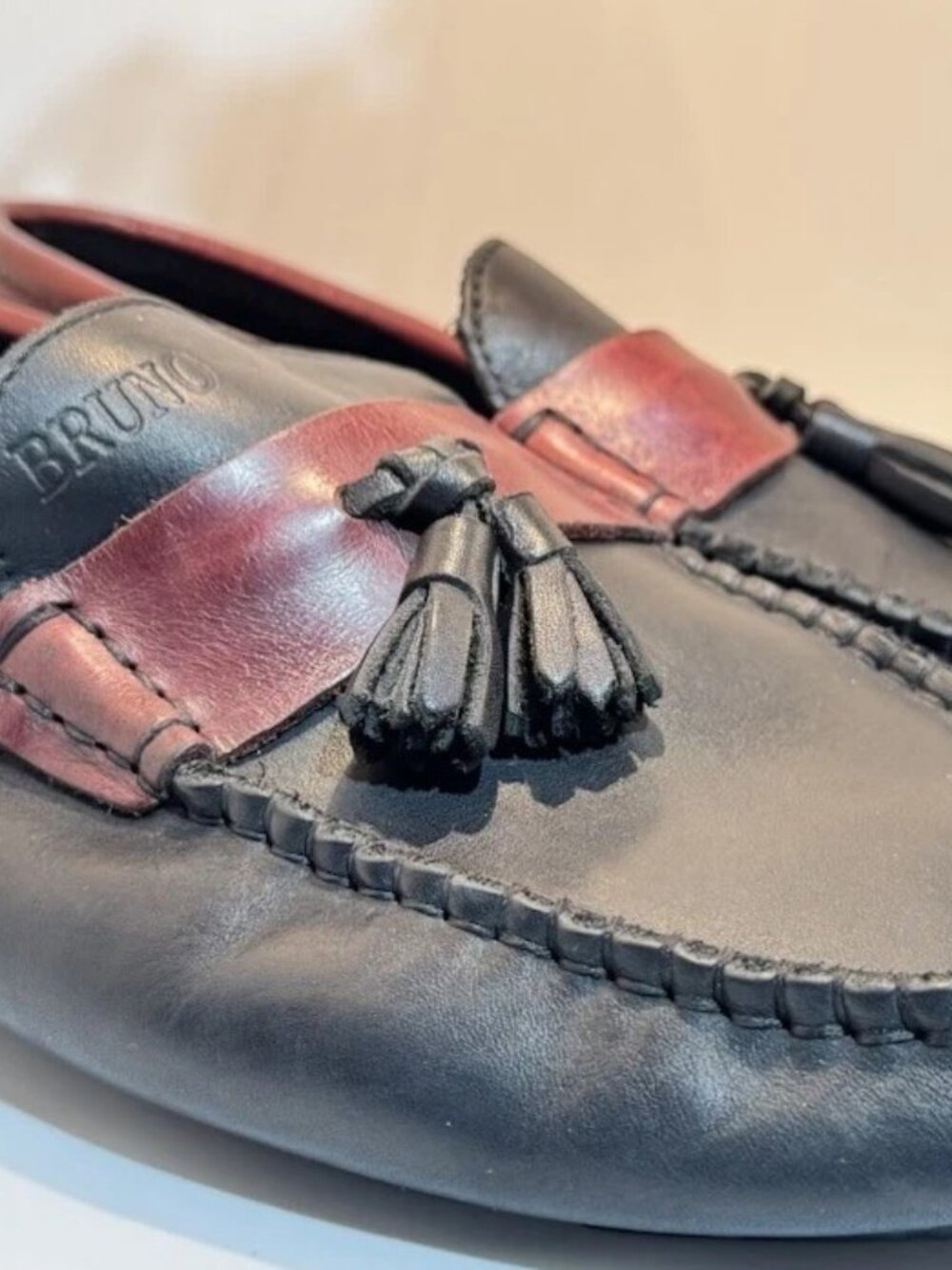 Bruno Marc Men's Kiltie Tassel Loafers Two-Tone Black & Mahogany Size 9.5